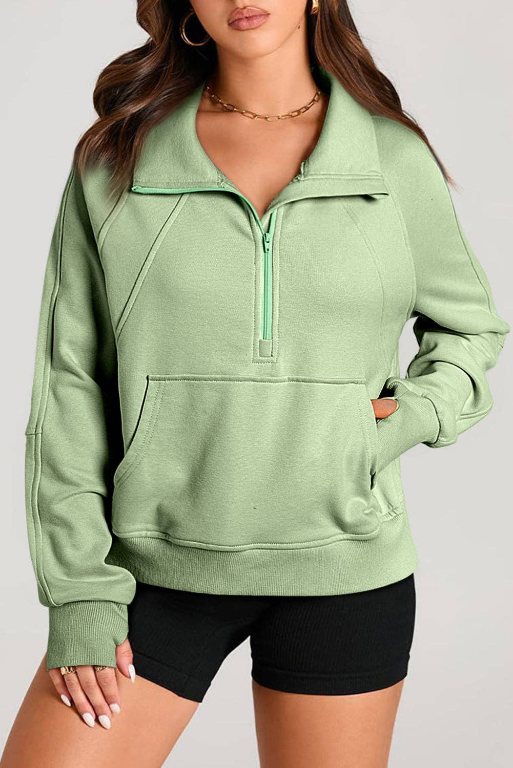 Lovesoft - Wholesale Sweatshirt - Women's - Solid Color Quarter Zip Stand Neck Kangaroo Pocket Sweatshirt11