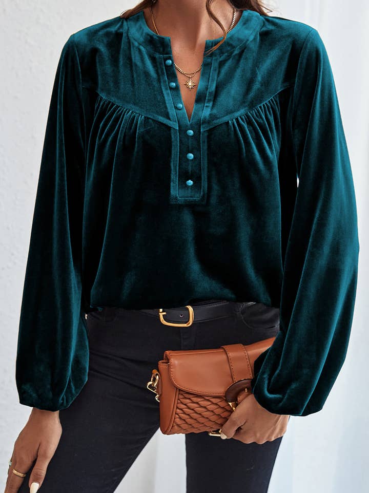 LALA LOO - Wholesale Blouse - Women's - Velvet Lantern Sleeve Beaded Top