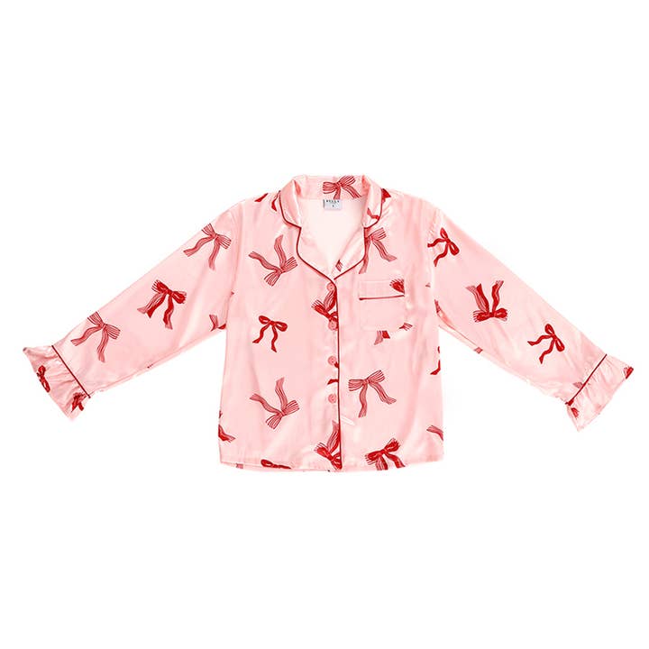 Bella Sleep + Spa - Wholesale Sleepwear Set - Women's - Ruffle PJ Set With Velvet Tie - Blush + Striped Bows2