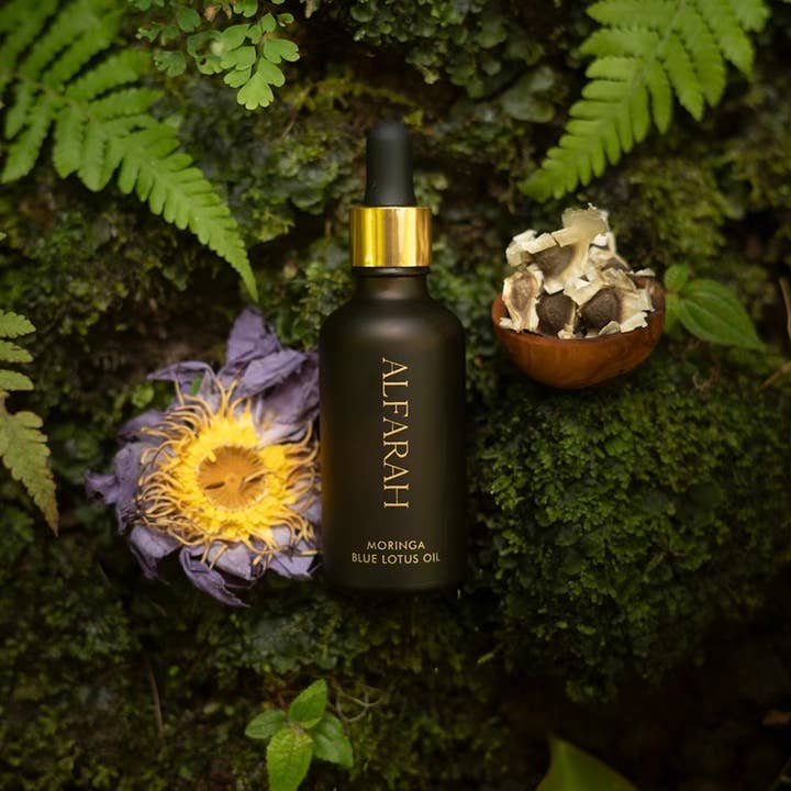 Alfarah Self Care - Vendita all'ingrosso Olio bagno/corpo - Olio di Moringa dell'Himalaya infuso di loto blu per pelle e capelli