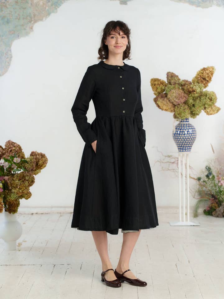 Night Garden Classic – Midi Linen Dress with Peter Pan Collar for wholesale on Faire17