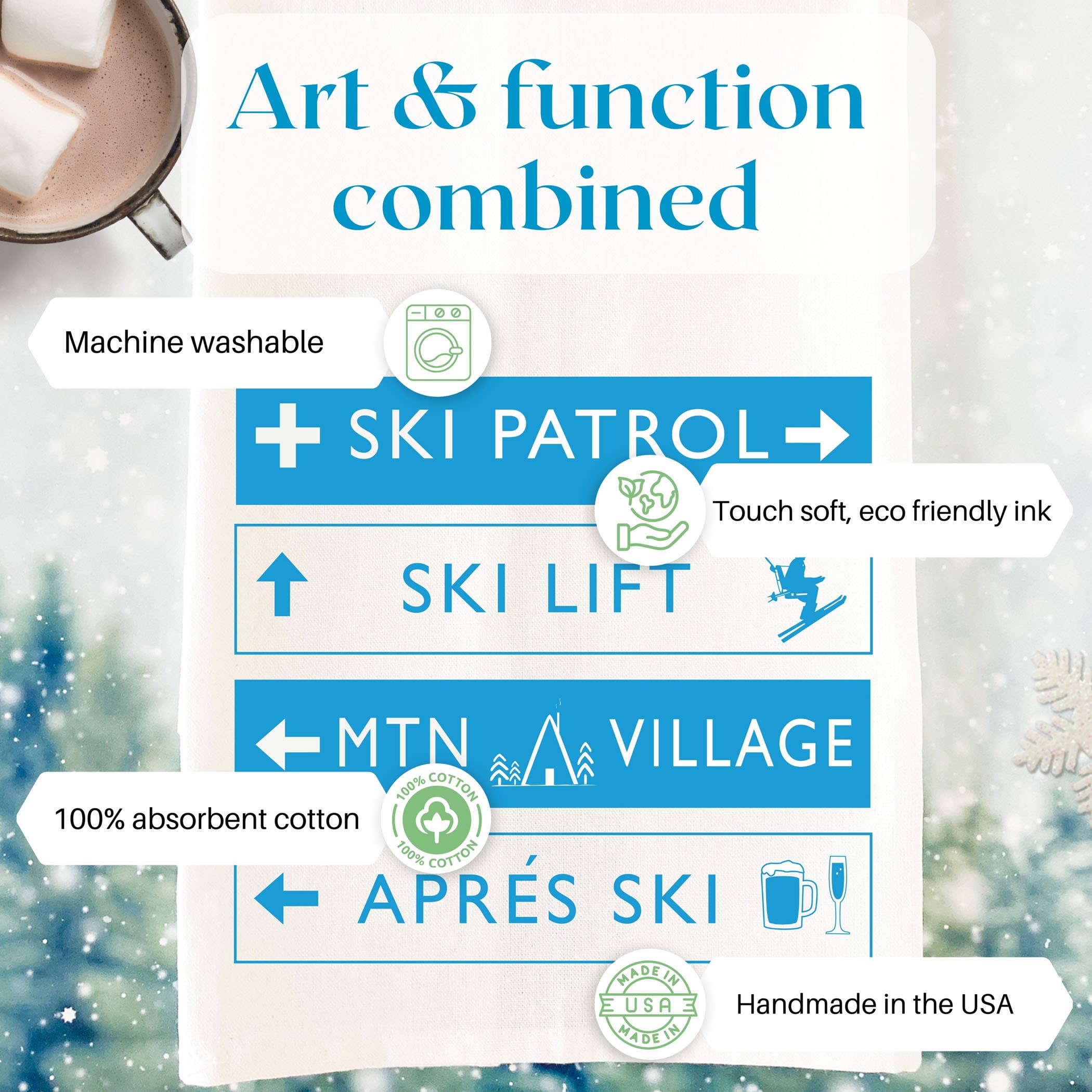 Kimball Prints - Wholesale Tea Towel - Ski Signs Cotton Tea Towel | Ski Collection2