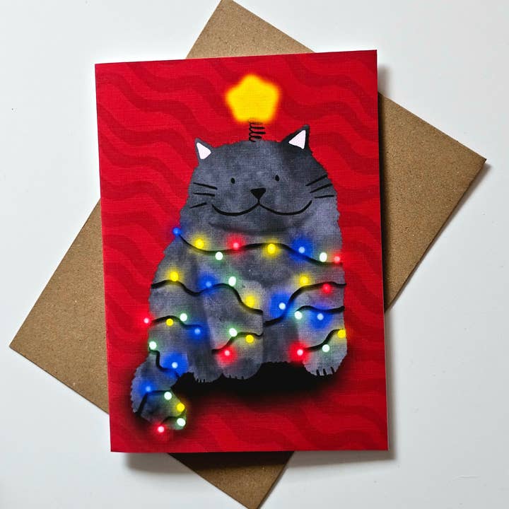 Cat juletræ lykønskningskort for engroshandel hos Art By Kay Rae