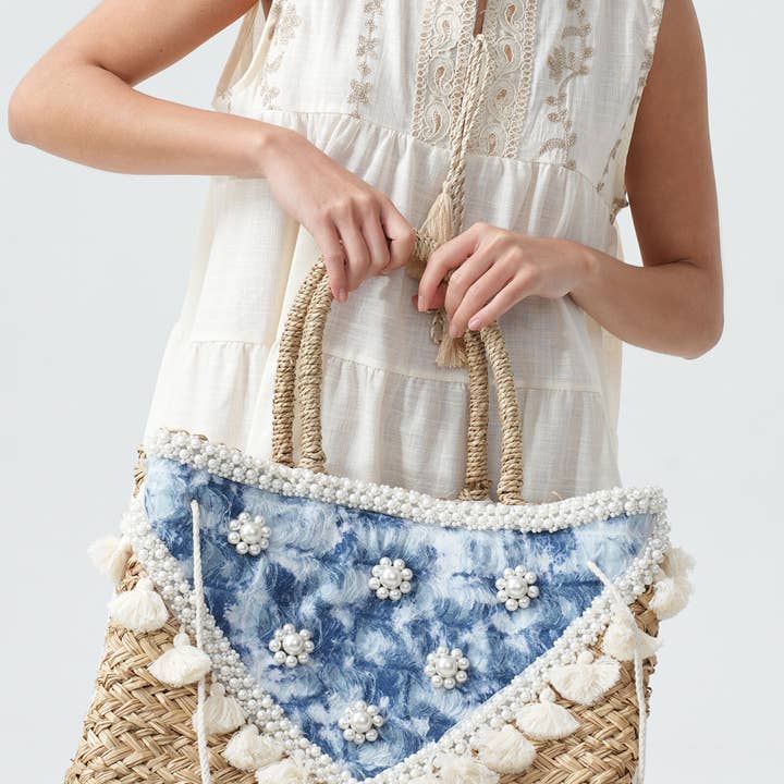 Blue Straw Tote Bag With Denim, Beads And Tassels BA-15322 for wholesale on Faire0