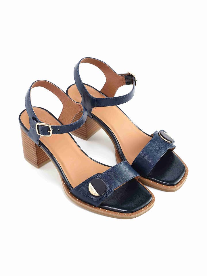 Mistra – Leather block heel sandal with metallic details for wholesale by Emilie Karston