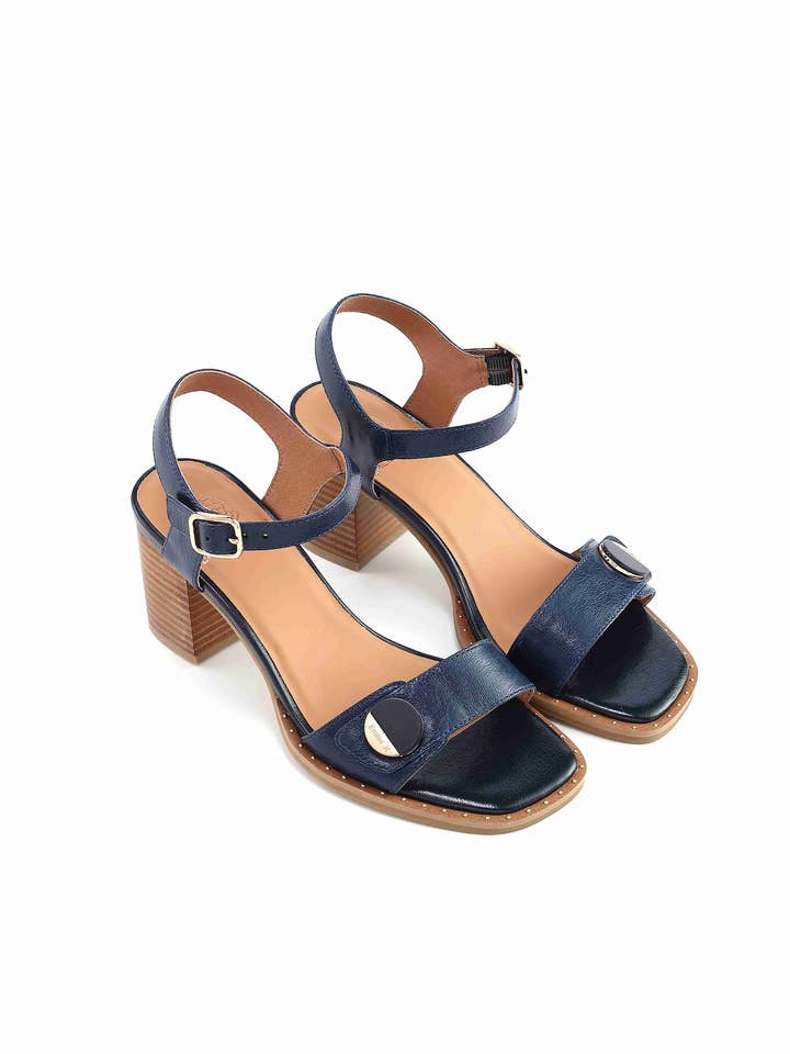 Mistra – Leather block heel sandal with metallic details for wholesale by Emilie Karston