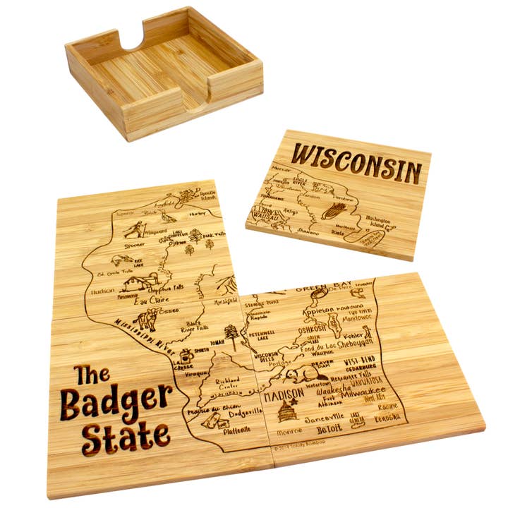 Totally Bamboo - Wholesale Coasters - Wisconsin Puzzle 4-Pc. Coaster Set with Case