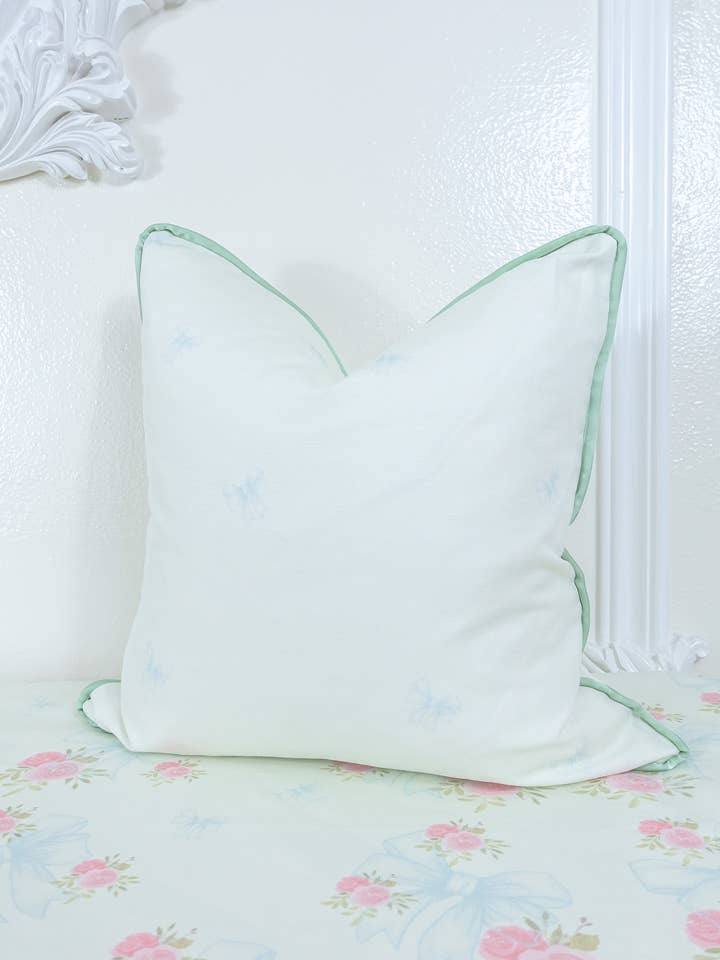 Estelle, Light Green, Baby Blue Bows, Green Satin Piping for wholesale by West Cottage Interiors