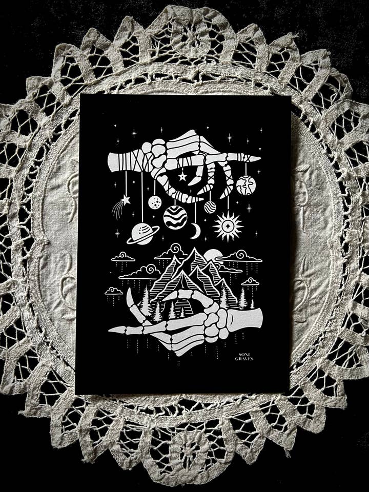 Universe in Hands Print, 5x7", Spooky Gothic Dark Death Art for wholesale by Soni Graves
