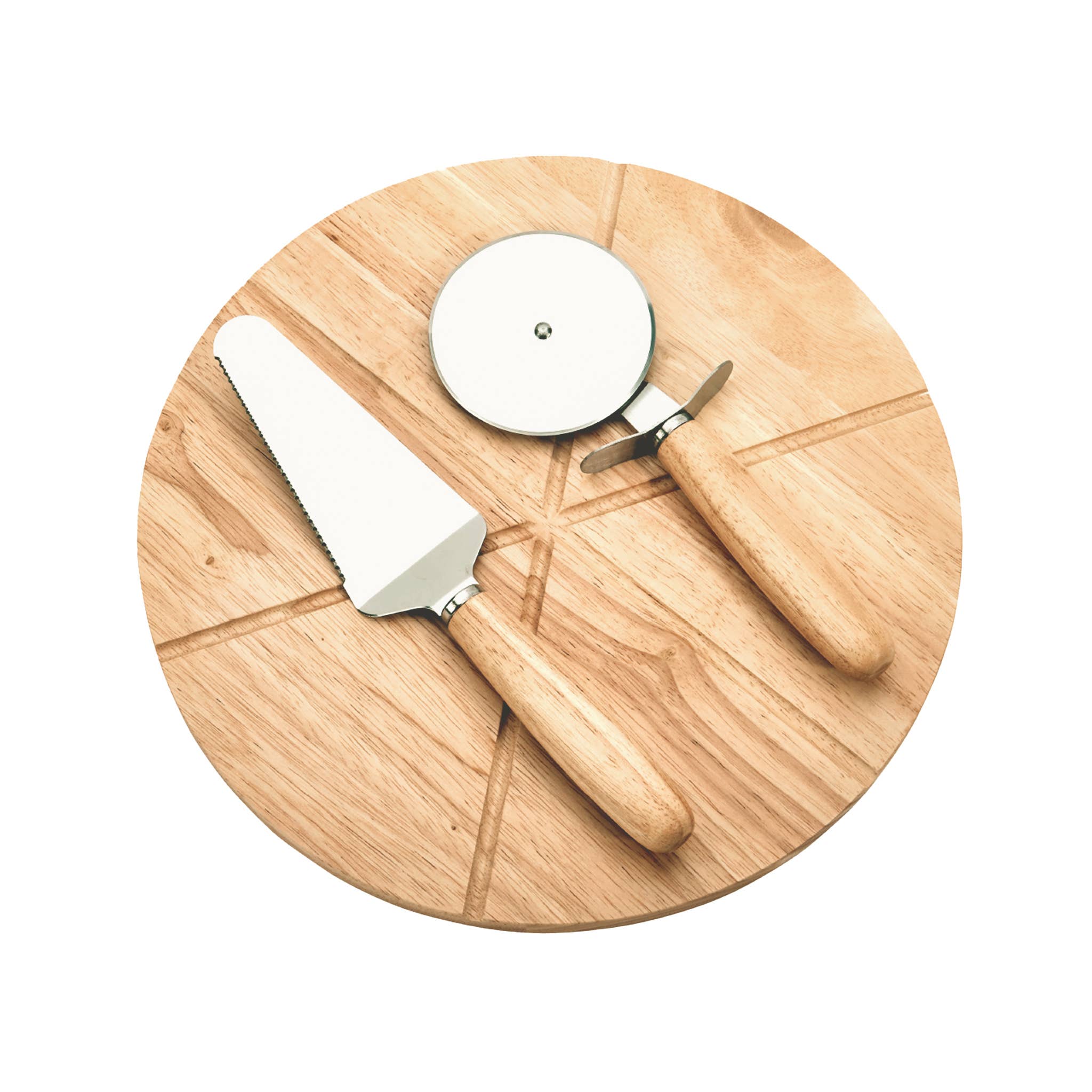 Creative Gifts International Inc. - Wholesale Cutting Board - 14" Wooden Pizza Board with Precision Cutting Wheel & Server1