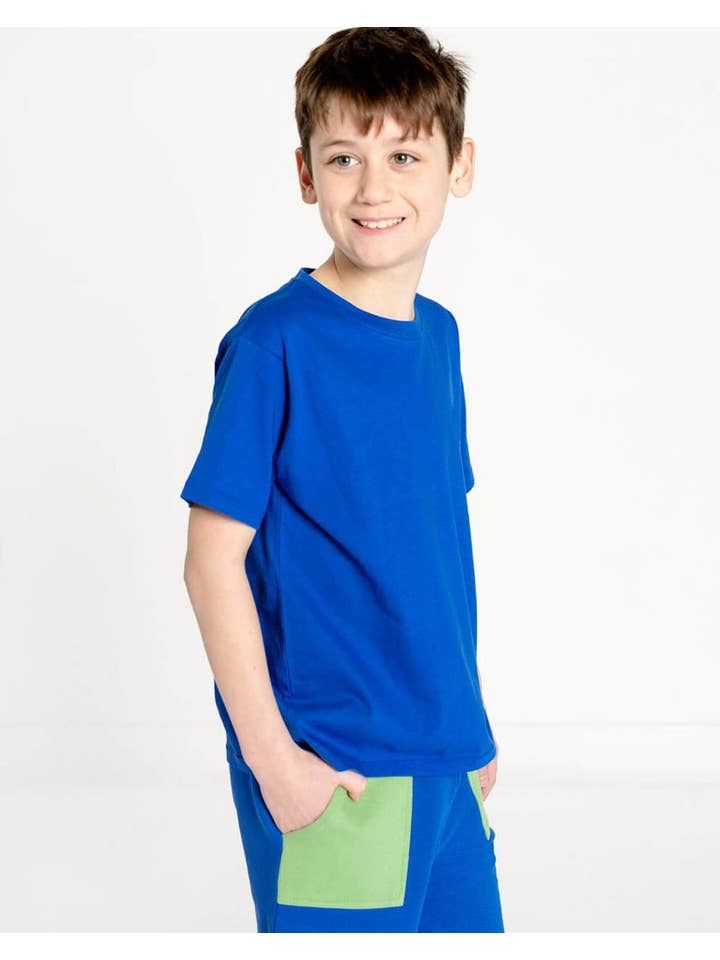 Crann Organic – Großhandel Shorts – Kinder – Kindershorts aus Bio-Baumwolle - Blauer Farbblock1