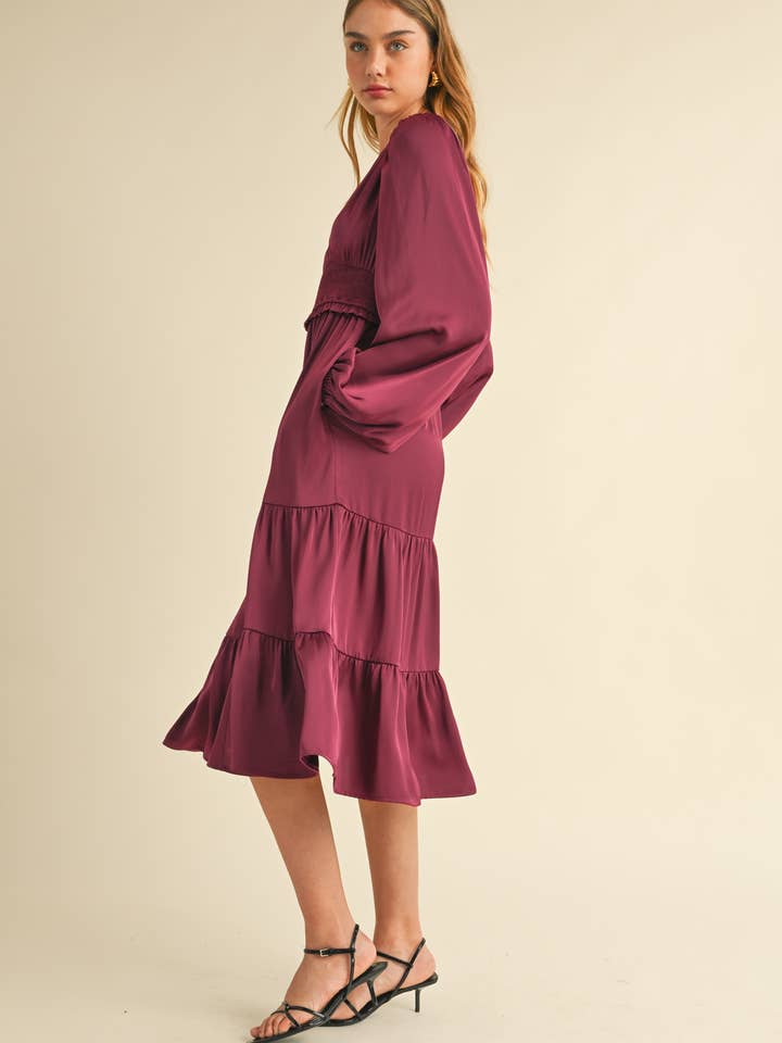 WINE ED5451 Elegant Midi Dress with Smocked Waist for wholesale on Faire4