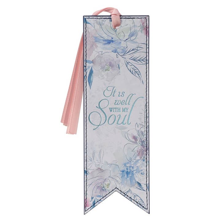 Christian Art Gifts - Wholesale Bookmark - Bookmark Faux Leather Navy/Floral Printed It is Well