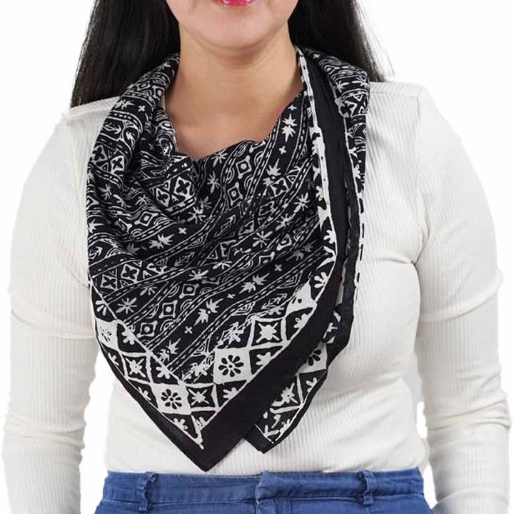 Large 39" Batik Bandana, Hand Dyed, 100% Soft Cotton, Geometric Black & White, XL for wholesale by Kasih Co-op