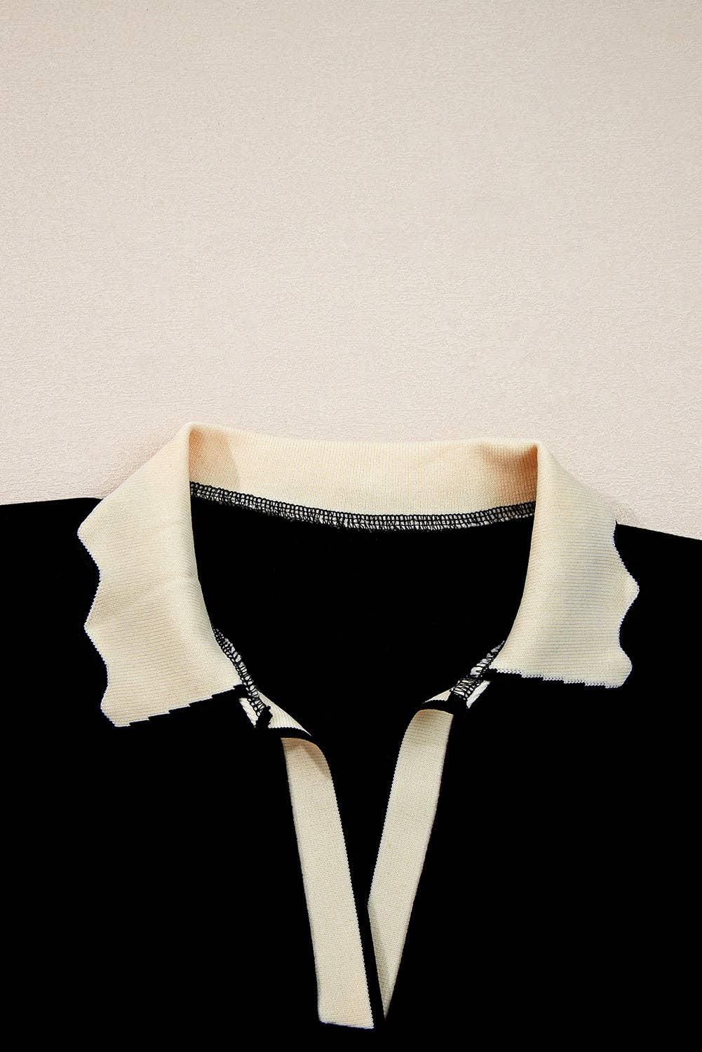 Black Colorblock Scallop Trim Long Sleeve Collared Top for wholesale on Faire2