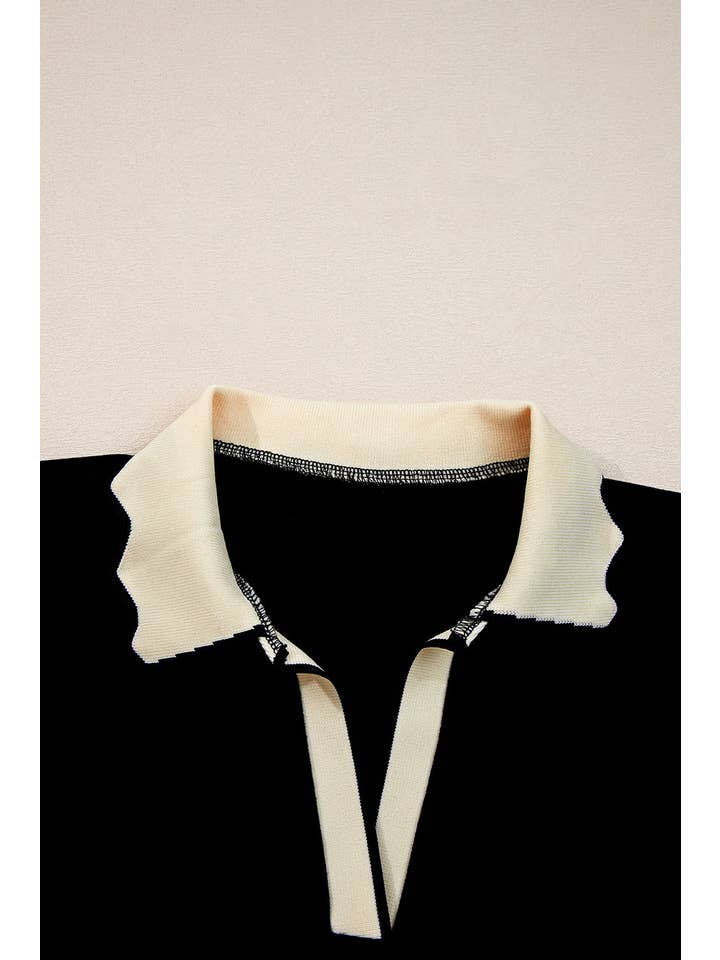Black Colorblock Scallop Trim Long Sleeve Collared Top for wholesale on Faire2