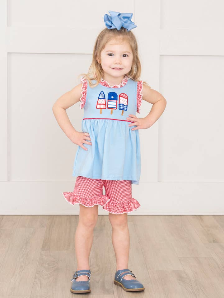 Marie Nicole Clothing - Wholesale Top & Short Set - Kids - Red, White, & Blue Ruffle Popsicle Outfit