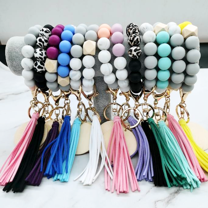 ACC Sublimation Blanks - Vendita all'ingrosso Bracciale portachiavi - Braccialetti portachiavi con perline in silicone con disco in legno chiaro da 2" e6