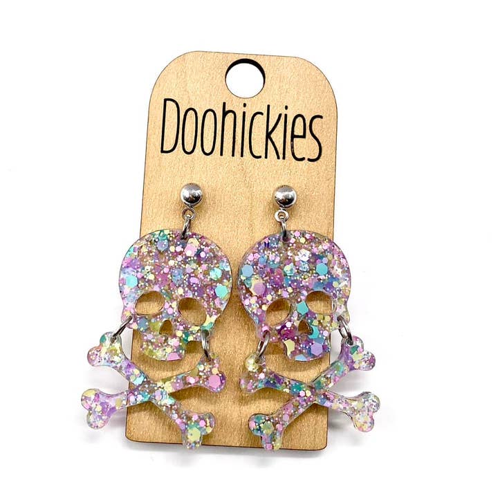2" Glittery Skull and Crossbones Acrylic Dangles - Halloween Earrings for wholesale by Doohickies