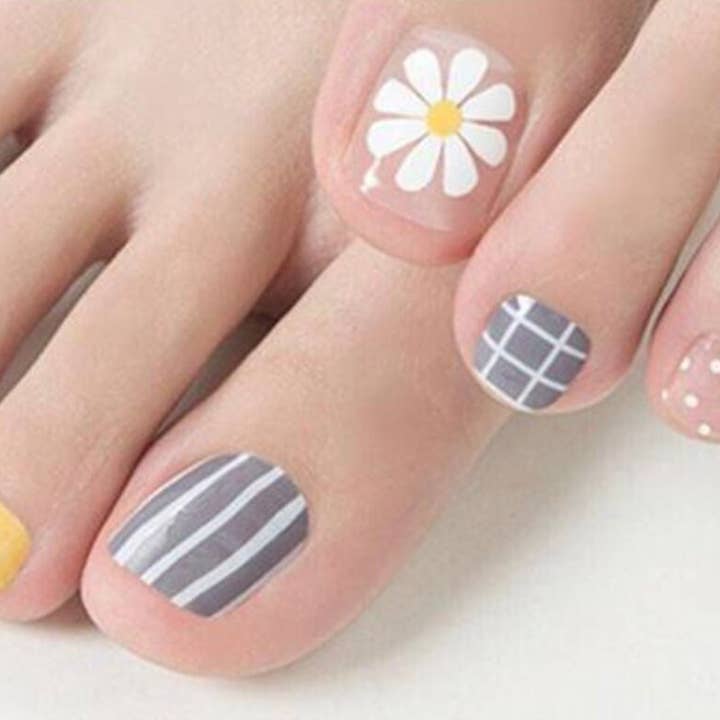 ClebleNails - Wholesale Nail Art/Decal - Gray & Yellow Plaid Nail Wraps for Toes / Flower Transparent Toe Nail Polish Strips / Cute Nail Stickers / Check Pedicure Women Nail Wraps