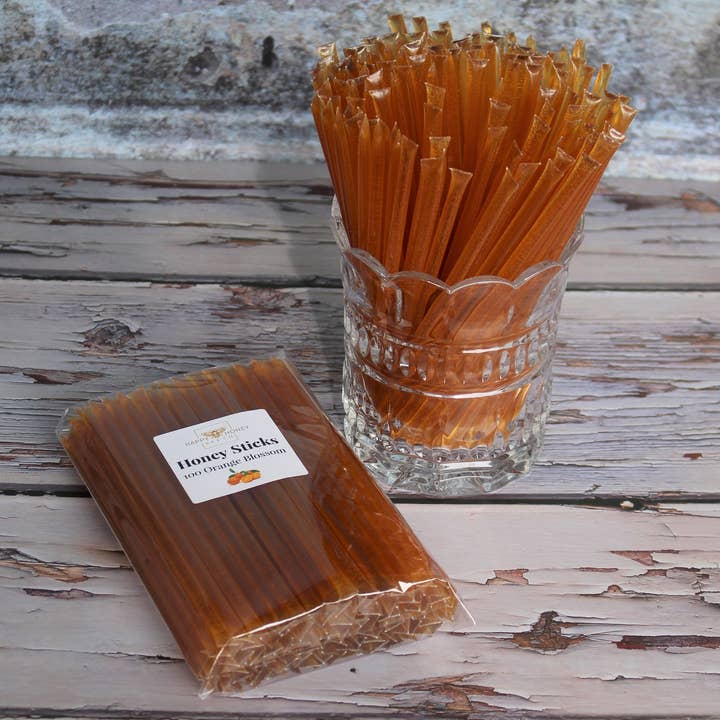 100 Orange Blossom Honey Sticks - Portable Honey Stix Snacks for wholesale by Happy Honey Bee Co.