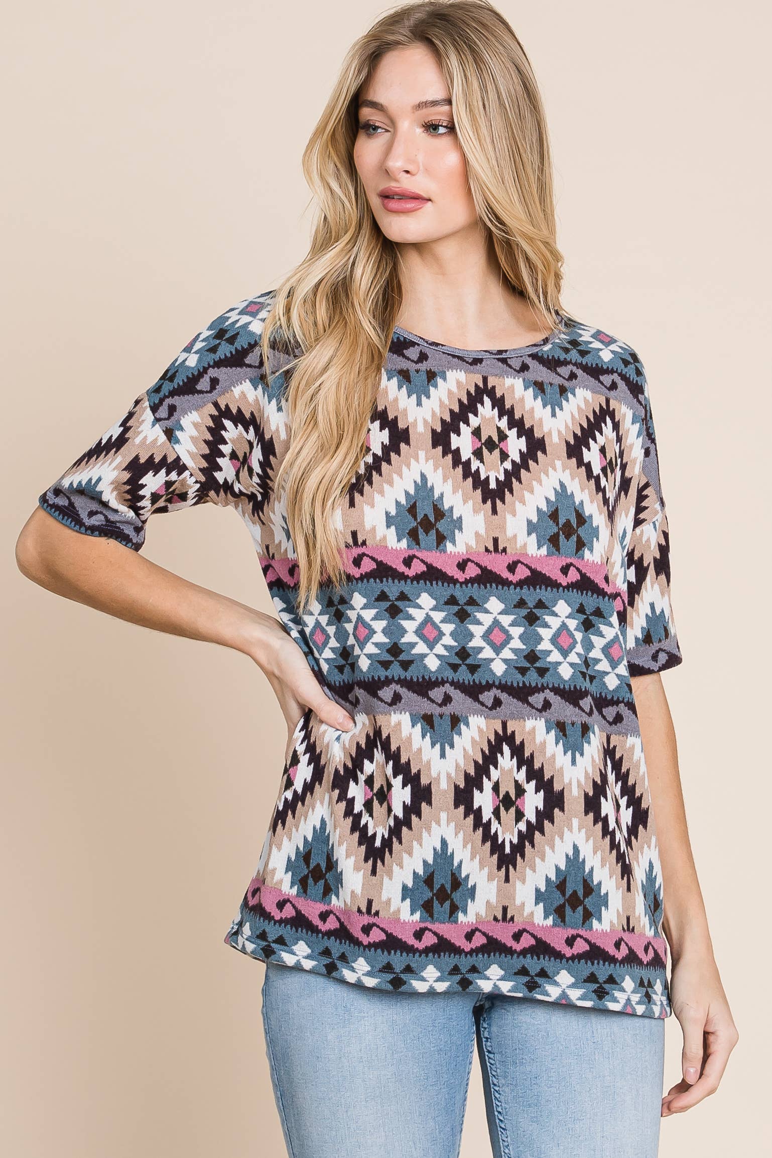 BOMBOM - Wholesale Knit Top - Women's - TA1966 Southwest Aztec Print Knit Top2