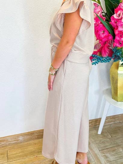 Textured Ruffled Sleeve Zipped Top and Wide Leg Pants Set for wholesale by Crossed Arrows Clothing Wholesale co.