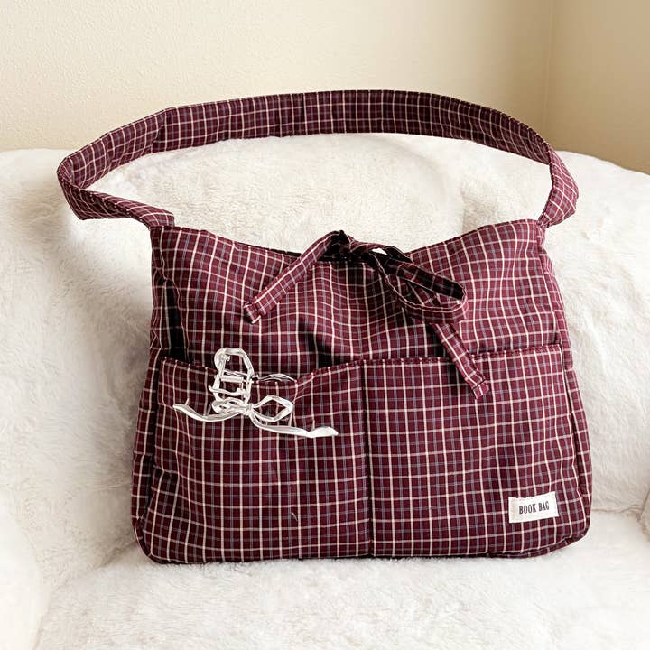 The Bean Workshop - Wholesale Tote Bag - Women's - Large Gingham Book Bag with Multiple Pockets4