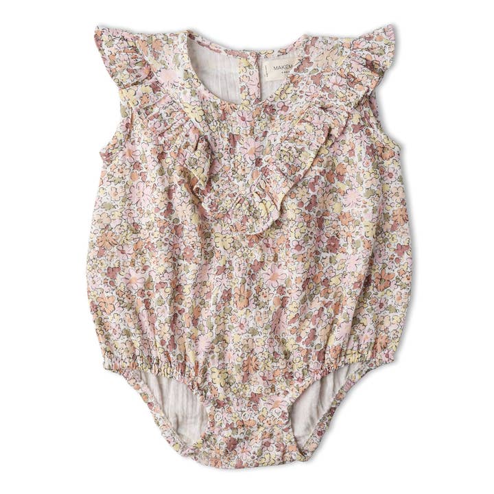 Organic Sleeveless Ruffle Bubble Romper - Pastel Bloom for wholesale by Makemake Organics