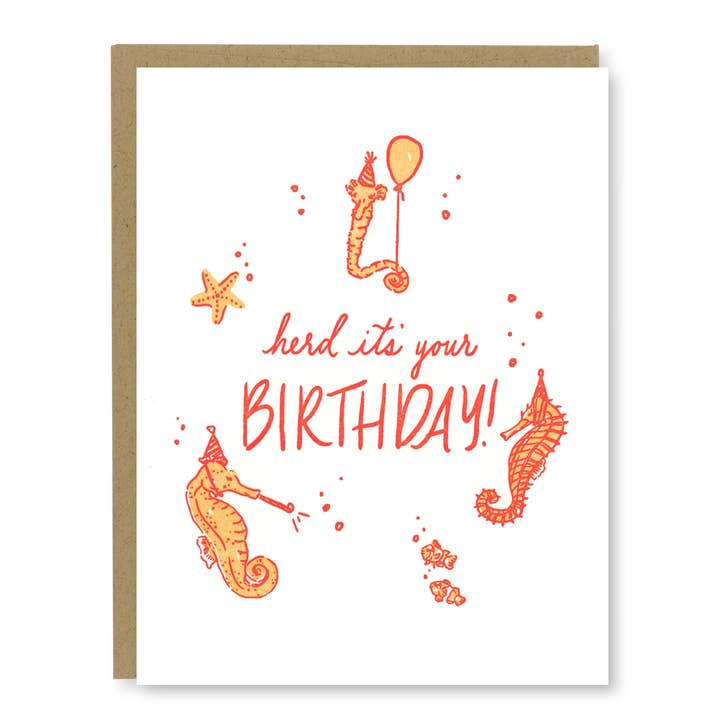 Tarjeta de cumpleaños con forma de caballitos de mar | Tarjeta de cumpleaños tipográfica para venta al por mayor de Kindred Letterpress