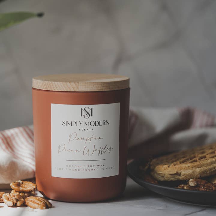 Pumpkin Pecan Waffles | Terracotta | Wood-Wick Coconut Soy Wax Candle for wholesale by Simply Modern Scents