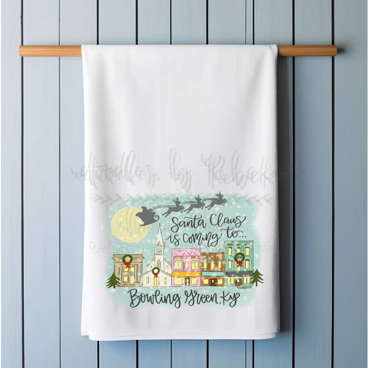 Santa Claus is Coming to Custom Town Tea Towel for wholesale by Doodles By Rebekah