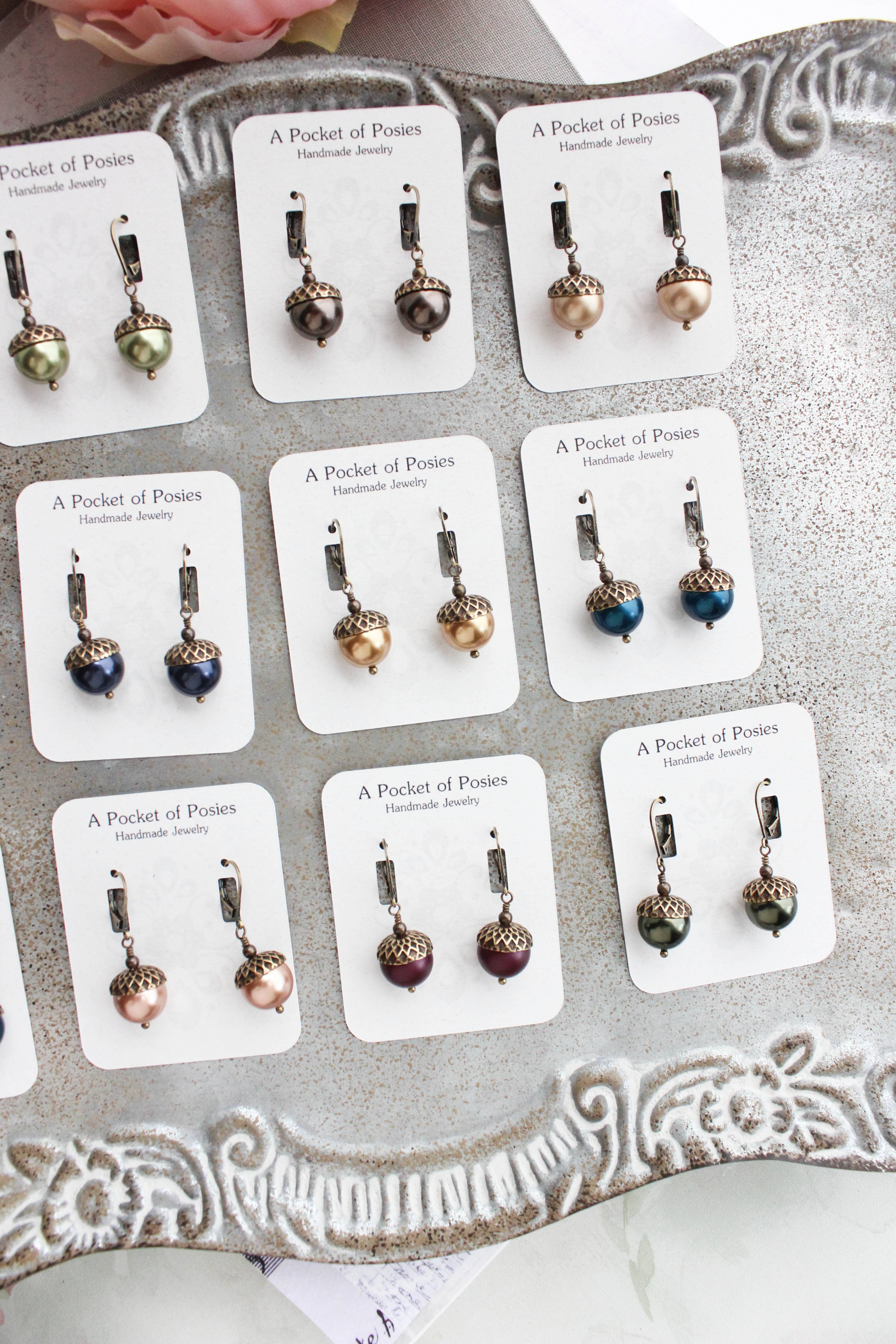 A Pocket of Posies - Wholesale Dangle Earrings - Pearl Acorn Earrings (21 Colors) - ANTIQUED BRASS4