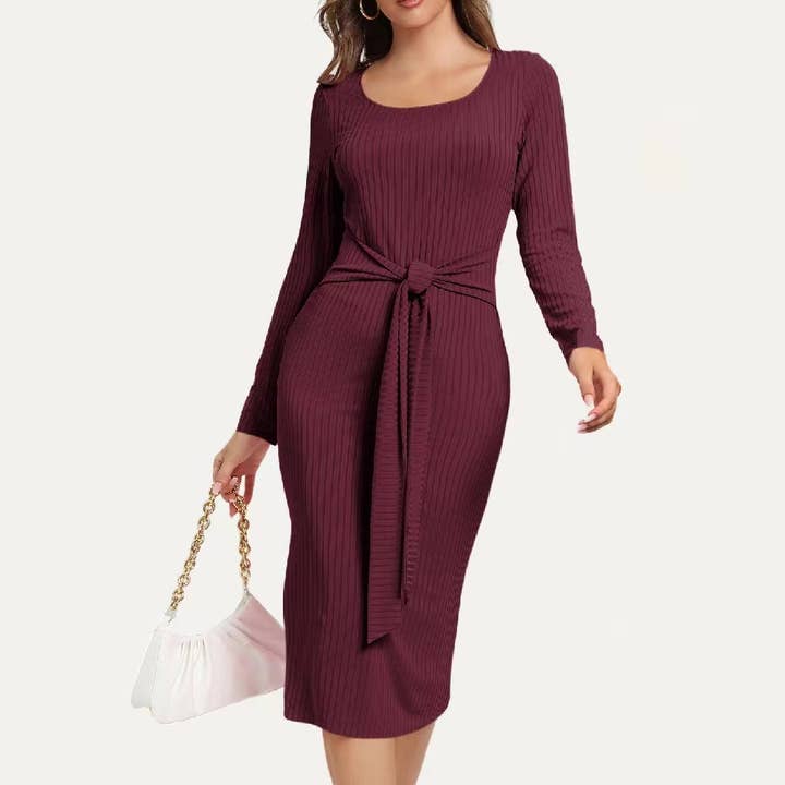 Classic RibbedKnit Round Neck Long Sleeve Bodycon Midi Dress for wholesale by The Moment Collection