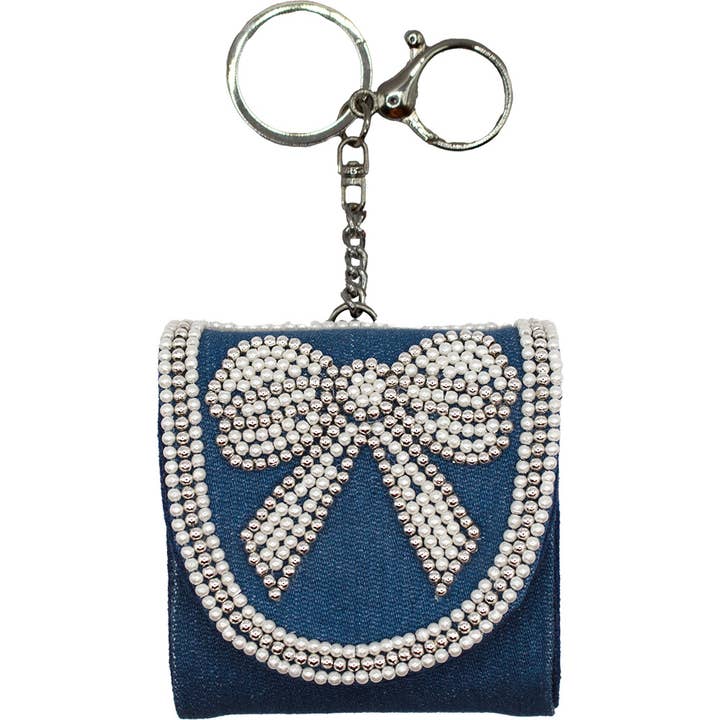 DENIM BOW BEADED AIRPOD HOLDER for wholesale by Pizzazz, Inc.