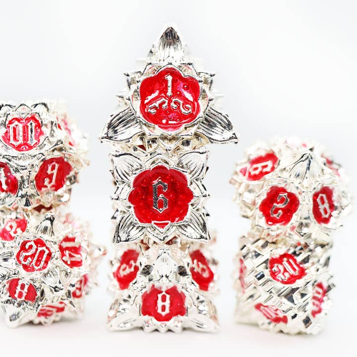 Floral Starburst: Icy Amaryllis - Metal RPG Dice Set for wholesale by Foam Brain Games