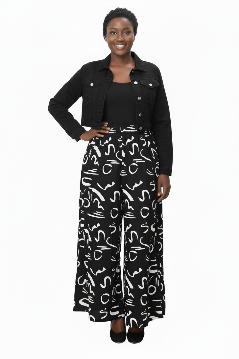 India Batik - Wholesale Pants - Women's - 240 Big Pocket Palazzo Pant Print Black/White 6551