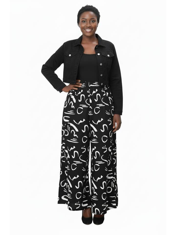 India Batik - Wholesale Pants - Women's - 240 Big Pocket Palazzo Pant Print Black/White 6551