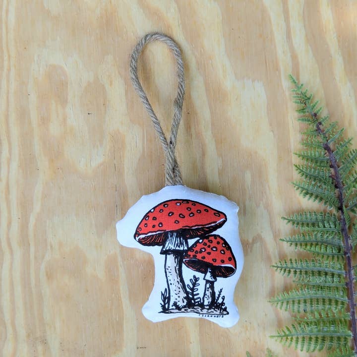 stuffed plush ornament | mushroom - hand-screenprinted forest holiday Christmas decor for wholesale by ilikesara | art + goods