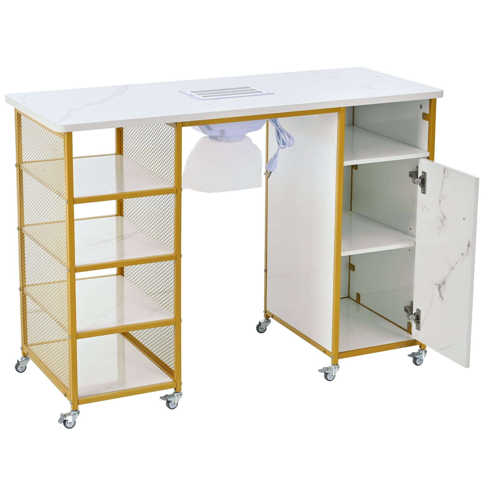 Orange County Decor - Wholesale Cabinet - Manicure Table, Marbling Texture Nail Table With Electric Downdraft Vent,Wrist Cushion, Lockable Wheels, Storage Layers & Cabinet,White Gold White Modern Mdf Mdf Metal12