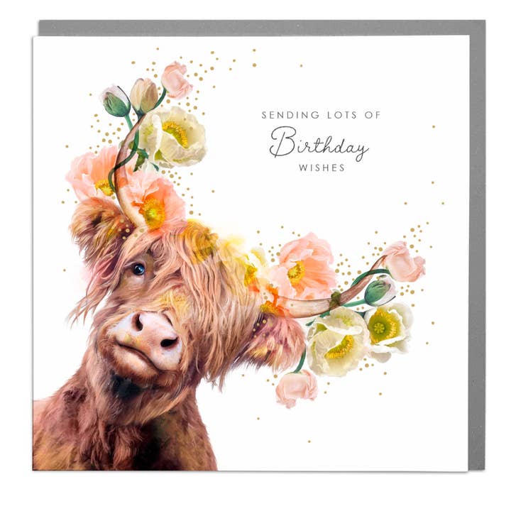 Happy Birthday Wishes Highland Cow greeting card for wholesale by Lola Design Ltd