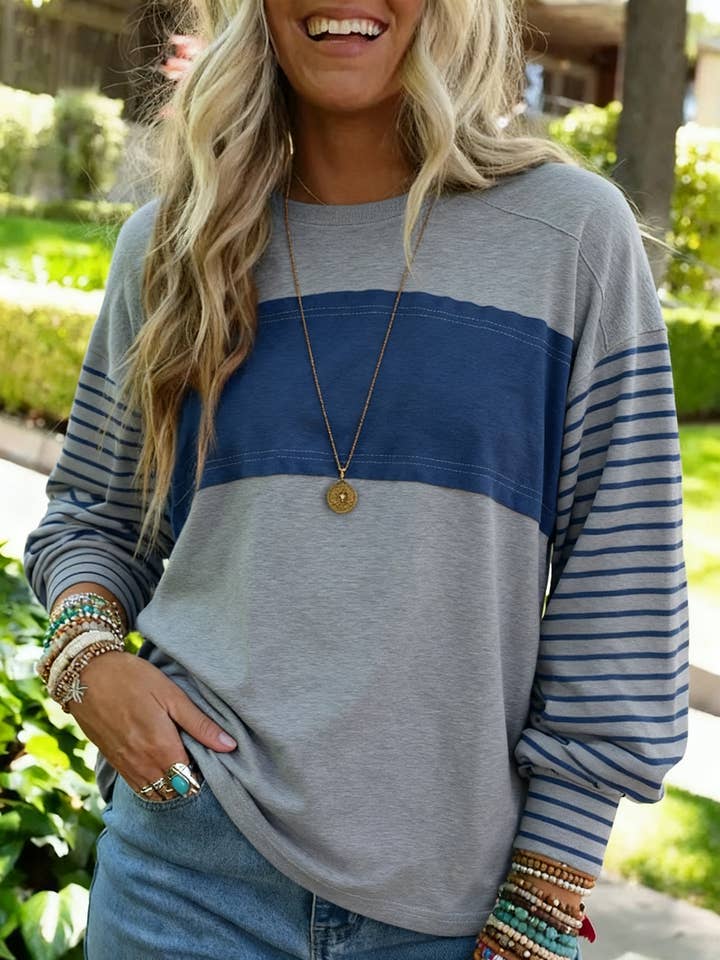Rundhalsad randig kontrast långärmad avslappnad T-shirt för wholesale av Suhkasana