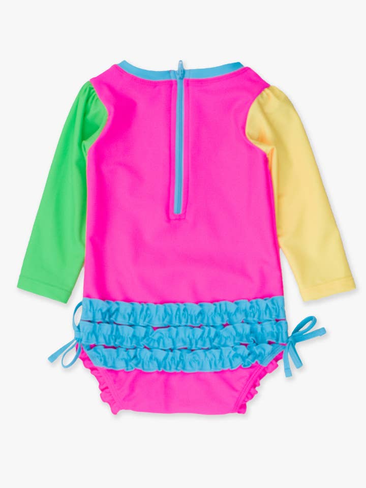 Pink Baby Girls Neon Color Block Long Sleeve One Piece Rash Guard Swimsuit with Signature Rear Ruffles
for wholesale on Faire