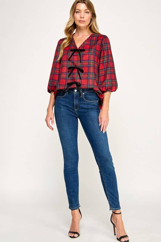 MintChoco - Wholesale Screen Printed T-Shirt - Women's - Plaid Holiday tie front blouse6