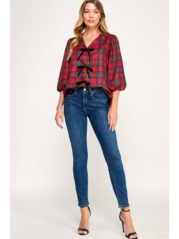 MintChoco - Wholesale Screen Printed T-Shirt - Women's - Plaid Holiday tie front blouse6