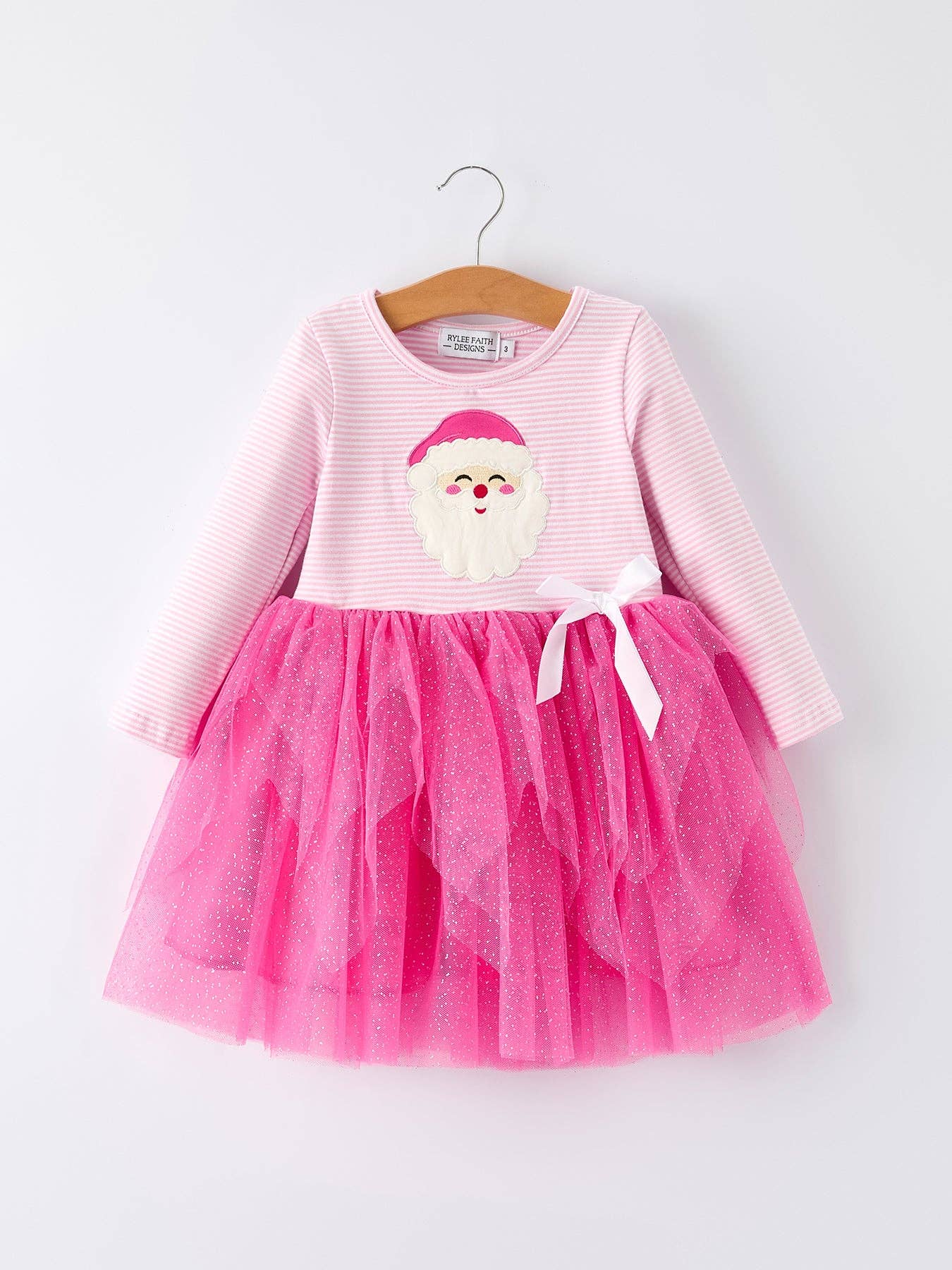 Rylee Faith Designs – Großhandel Kleid – Kinder – Rosa Weihnachtsmann Applikation Gestreiftes Mädchenkleid0