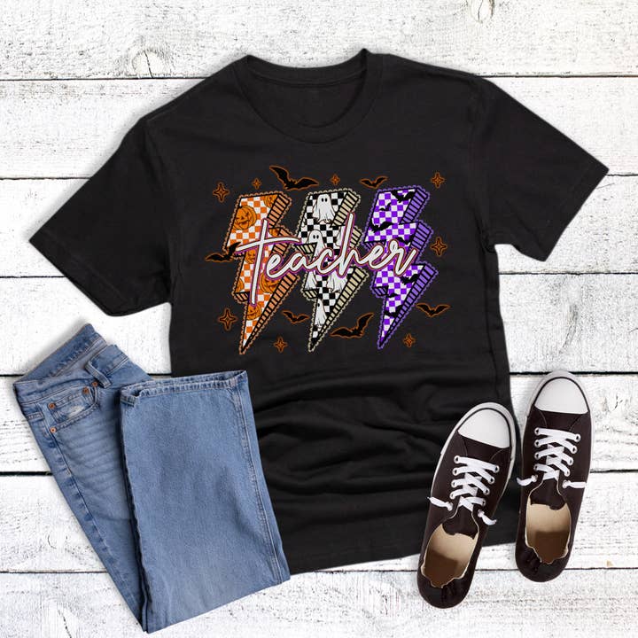 Halloween Teacher Lightning Bolts Graphic Tee for wholesale by The Way Down South
