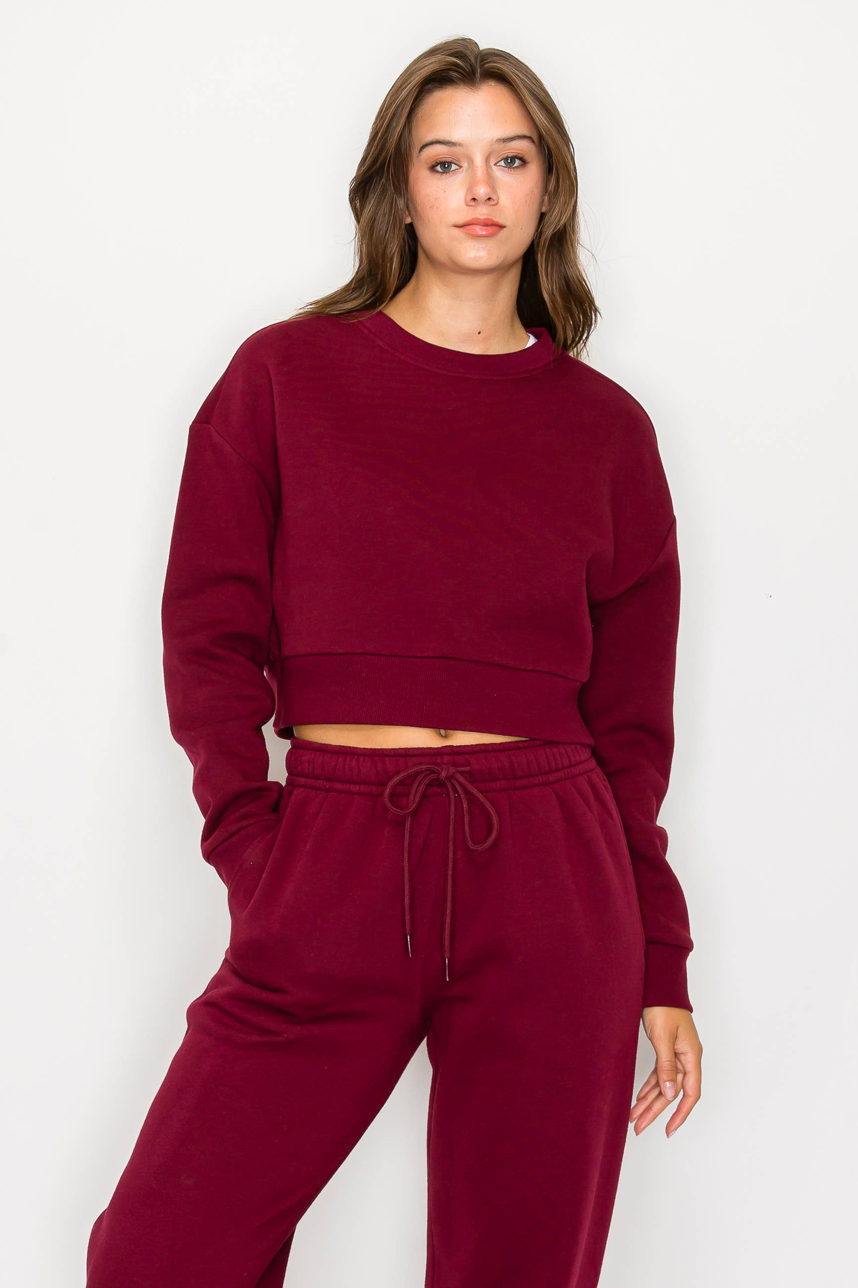 Color 5 - Wholesale Sweatshirt - Women's - Solid color fleece lined cropped basic pull over sweatshirt 6