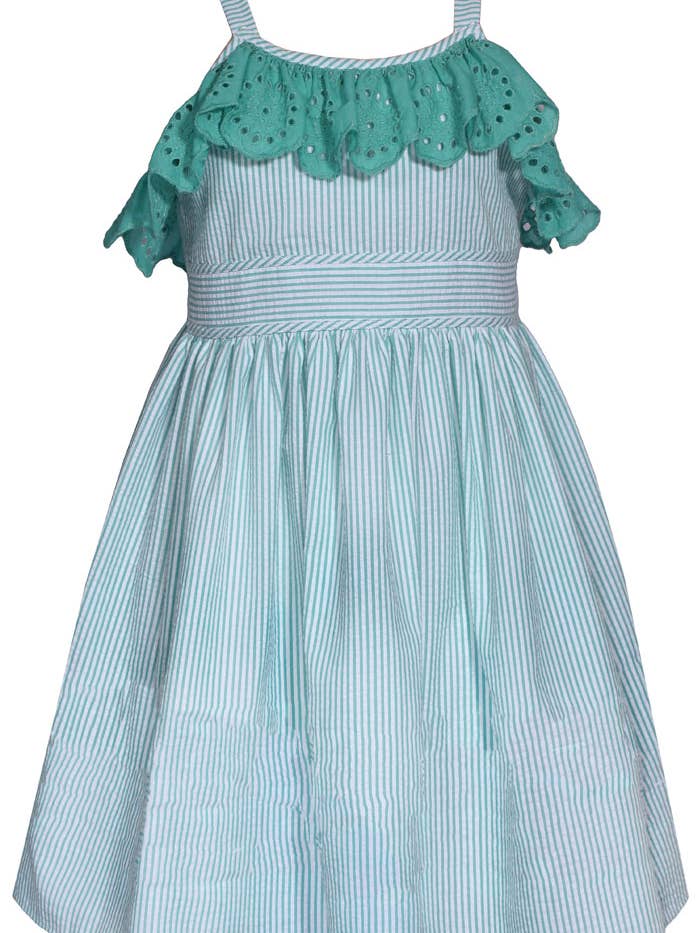 Blå og grøn Seersucker Eyelet Kjole til piger for engroshandel hos Bonnie Jean