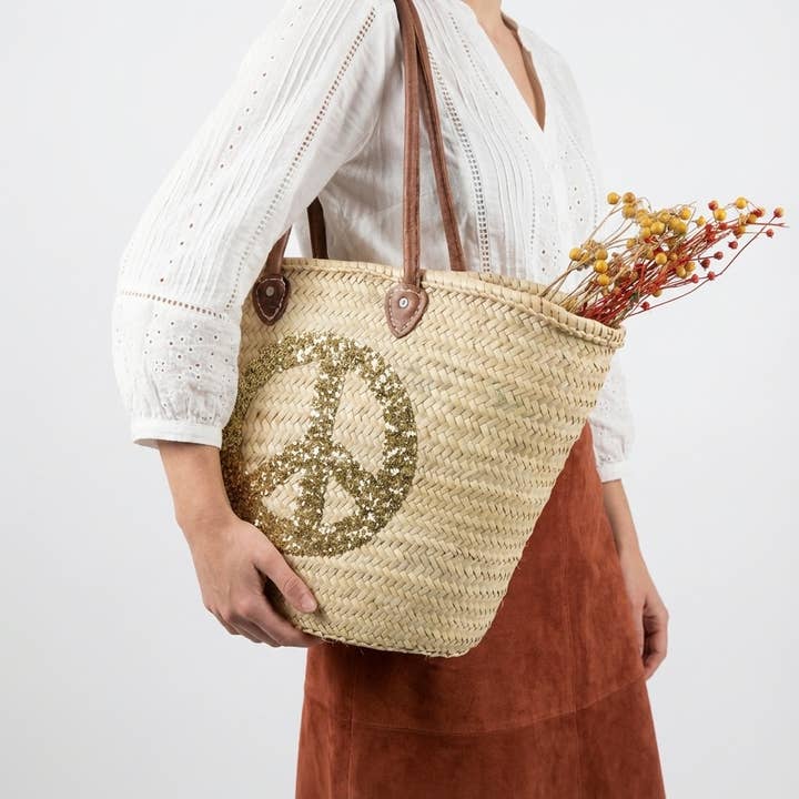 Sac en paille Peace Sign, panier de marché français pour la vente par Melecraft